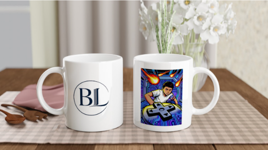 Aperçu d’un mug personnalisé : illustration au recto et signature BL au verso