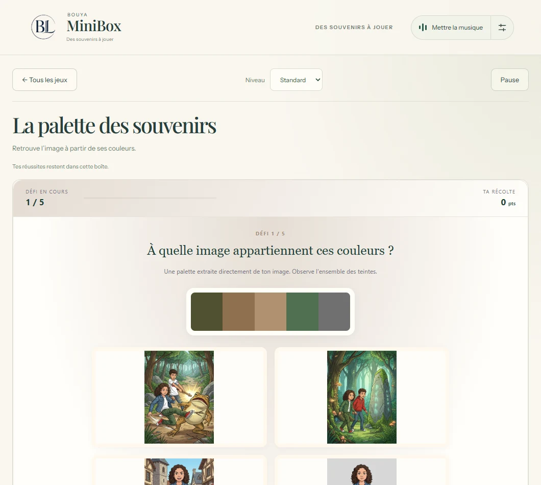 Écran réel du jeu Palette de couleurs de la MiniBox, intitulé La palette des souvenirs