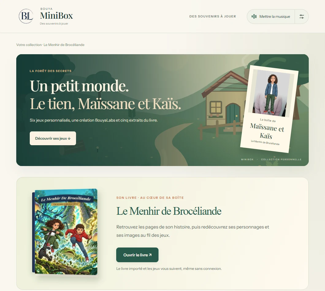 La MiniBox de Maïssane et Kaïs, avec Le Menhir de Brocéliande et ses jeux