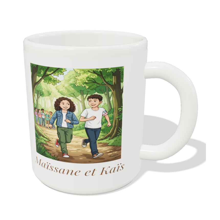 Mug blanc en céramique avec Maïssane et Kaïs courant dans la forêt, aperçu du modèle 3D