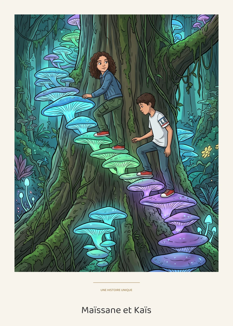 Le poster personnalisé de Maïssane et Kaïs montant sur des champignons lumineux